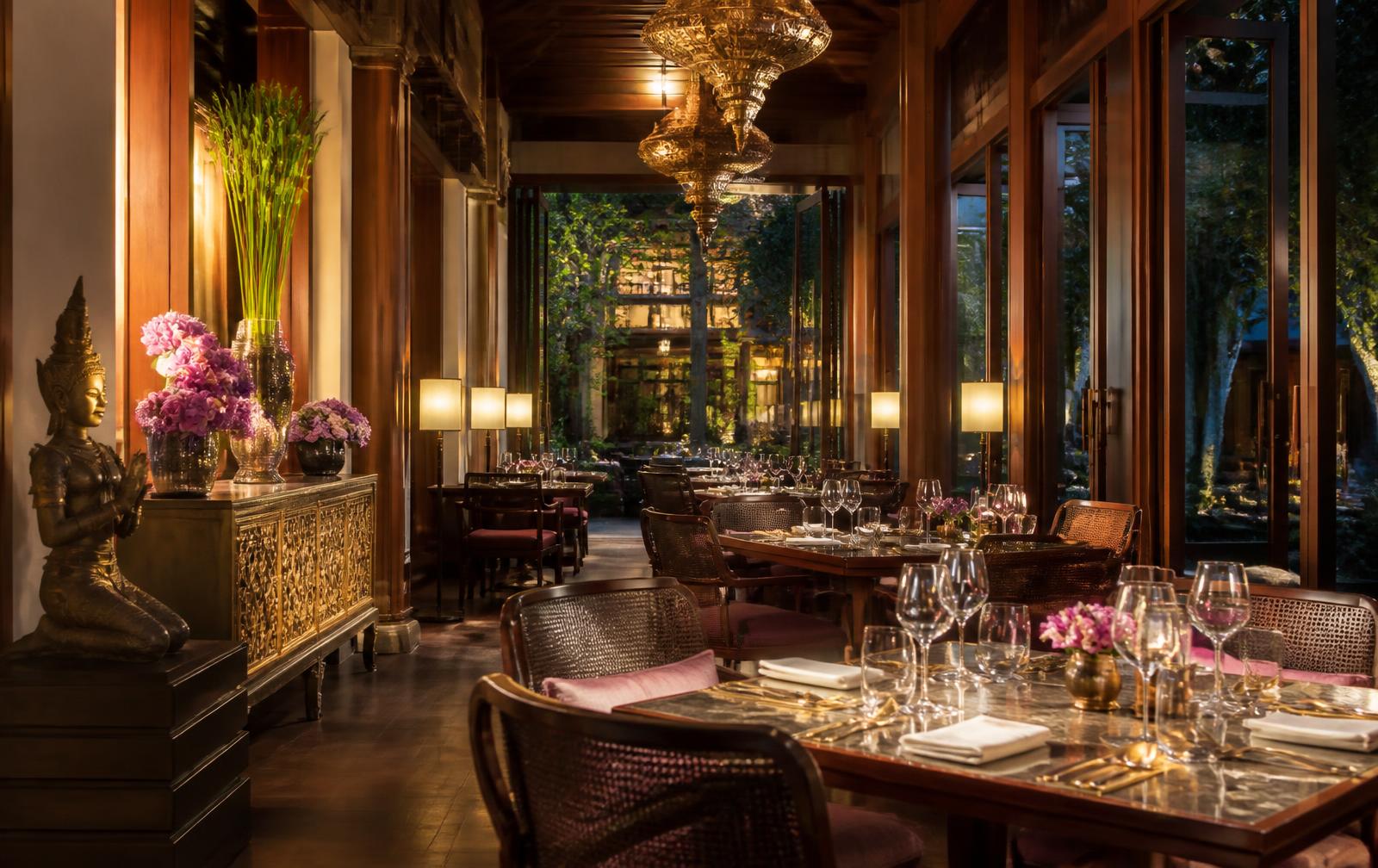 Elegant Thai restaurant interior inside a Bangkok hotel